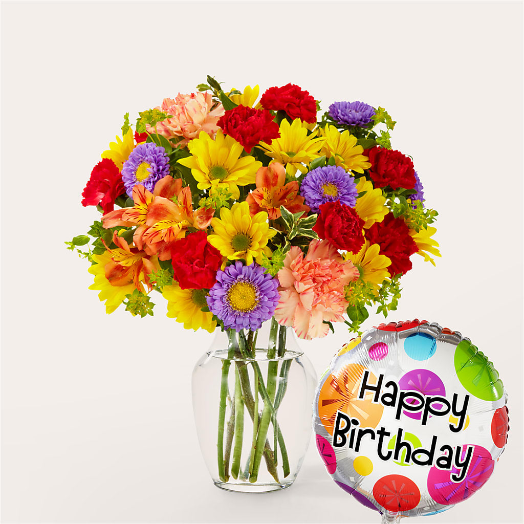 Kaleidoscope Bouquet with Birthday Balloon – Brown Pleasance Florists Inc, Lakewood OH