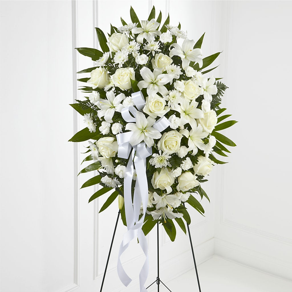 Exquisite Tribute Standing Spray-White Ribbon – Brown Pleasance Florists Inc, Lakewood OH