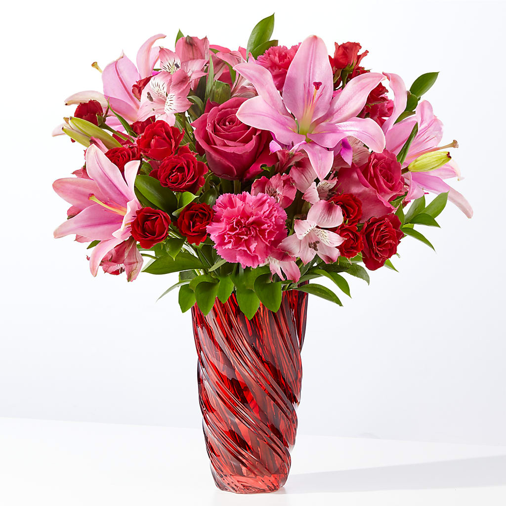 In Love Bouquet with Luxe Swirl Vase – pink, red flower